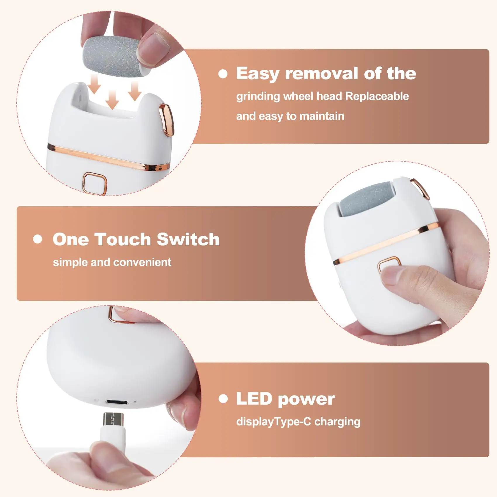 Electric Foot File & Callus Remover – Rechargeable Pedicure Tool with 2 Speeds and 3 Interchangeable Grinding Heads