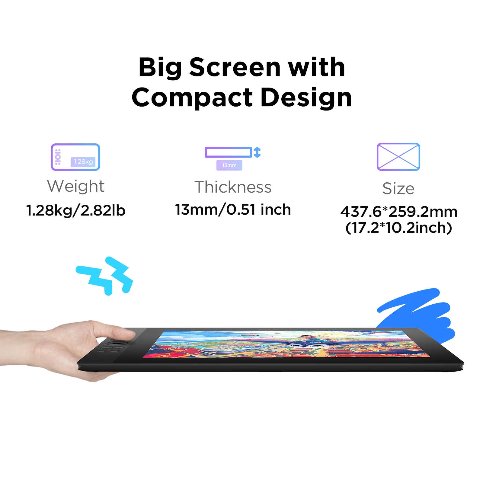 Ugee-UE16 Desenho Tablet Monitor, 16K Pressão, 143% RGB, 15,4 