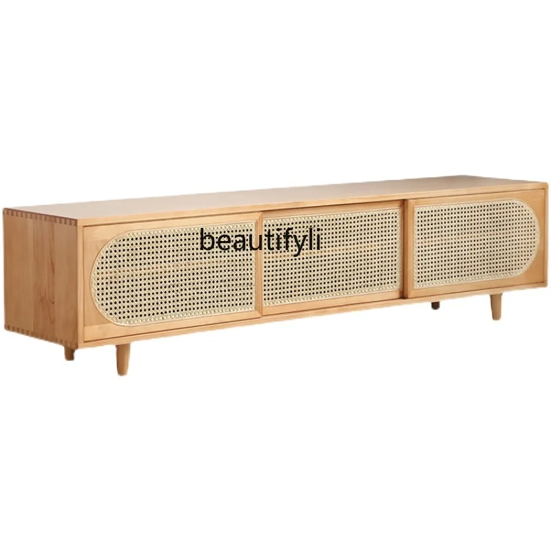 Nordic Modern Solid Wood TV Cabinet Japanese-Style Simple Rattan Log TV Cabinet Floor Standing Storage Cabinet Storage Cabinet