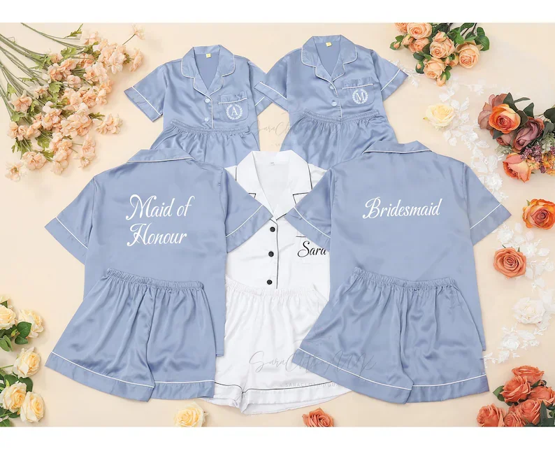 Dusty Blue Matching Bridesmaid Pajamas Set Satin Customized Silk Bride Pajamas Bridal Party and Getting Ready Pajamas Set