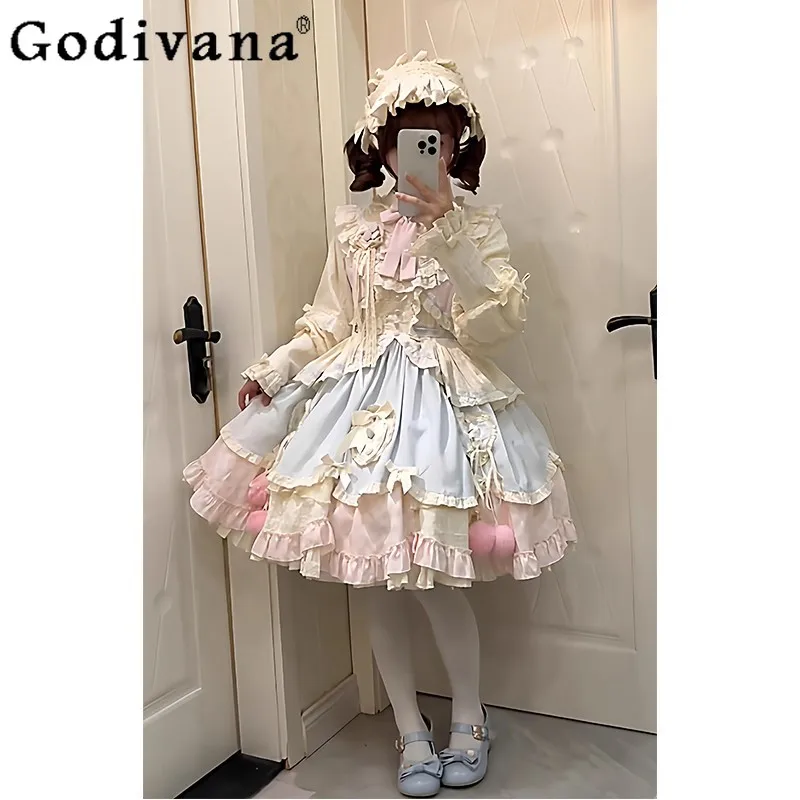 

Blue Pink Cute Sweet Long Sleeve Lolita Dress Female Short OP Runaway Princess Dress Women's Japanese Daily Wear Lolita Dress