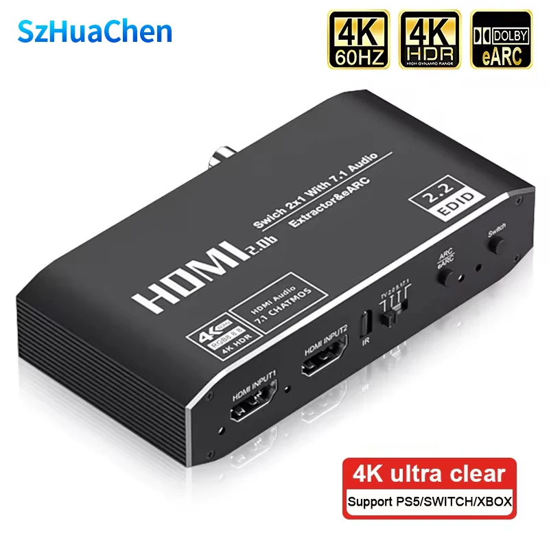 2x1 4K 120Hz HDMI Switch eARC Audio Extractor ARC Optical Toslink HDMI 2.0 Switch 4K 60Hz HDMI Switcher Remote for Apple TV PS4