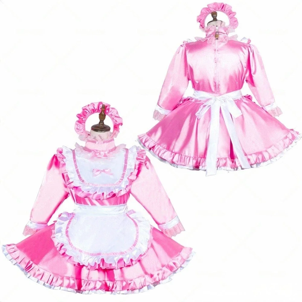 

Sexy Sissy French maid pink satin lockable long sleeved ruffled cosplay costume customizable
