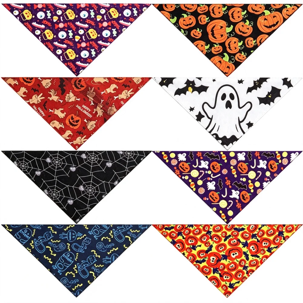 Halloween Pet Bandana, Triangle Dog Cat Scarf Neckerchief, Festive Pet Bib for Holiday Party Costume Decor, Random Assorted Patterns