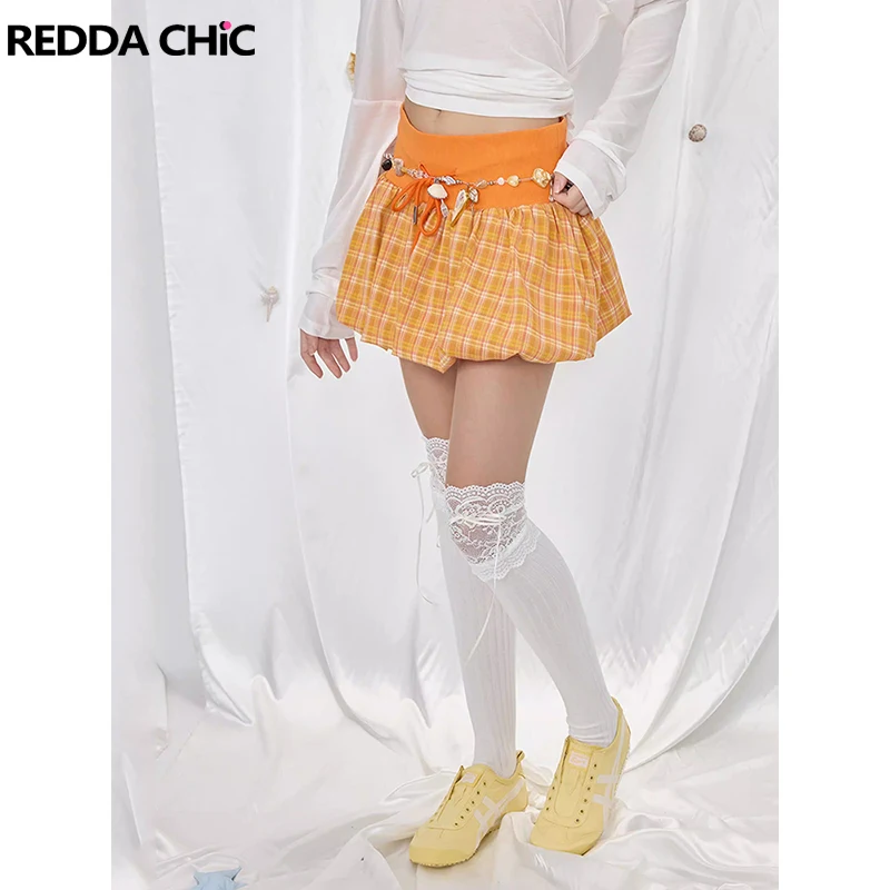 Reddachic feminino xadrez bolha saia férias verão cordão cintura baixa forro shorts inchado plissado mini saia bonito y2k roupas