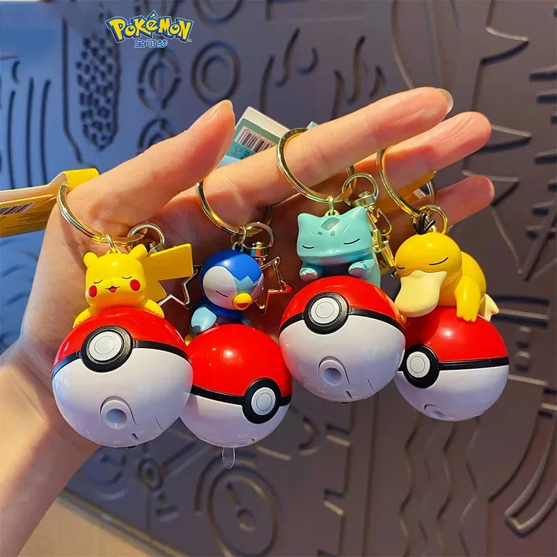 Hot Pokemon Original Model Toy 6cm Keychain Pikachu Bulbasaur Piplup Psyduck Light Up Pendant Character Figure Glow In The Dark
