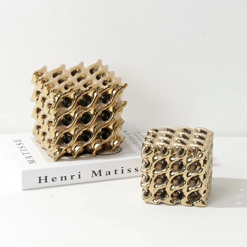 PYH Modern Light Luxury 3D Geometric Cube Ceramic Hollow Ornament Sales Office Bookshelf Desktop Soft Decoration
