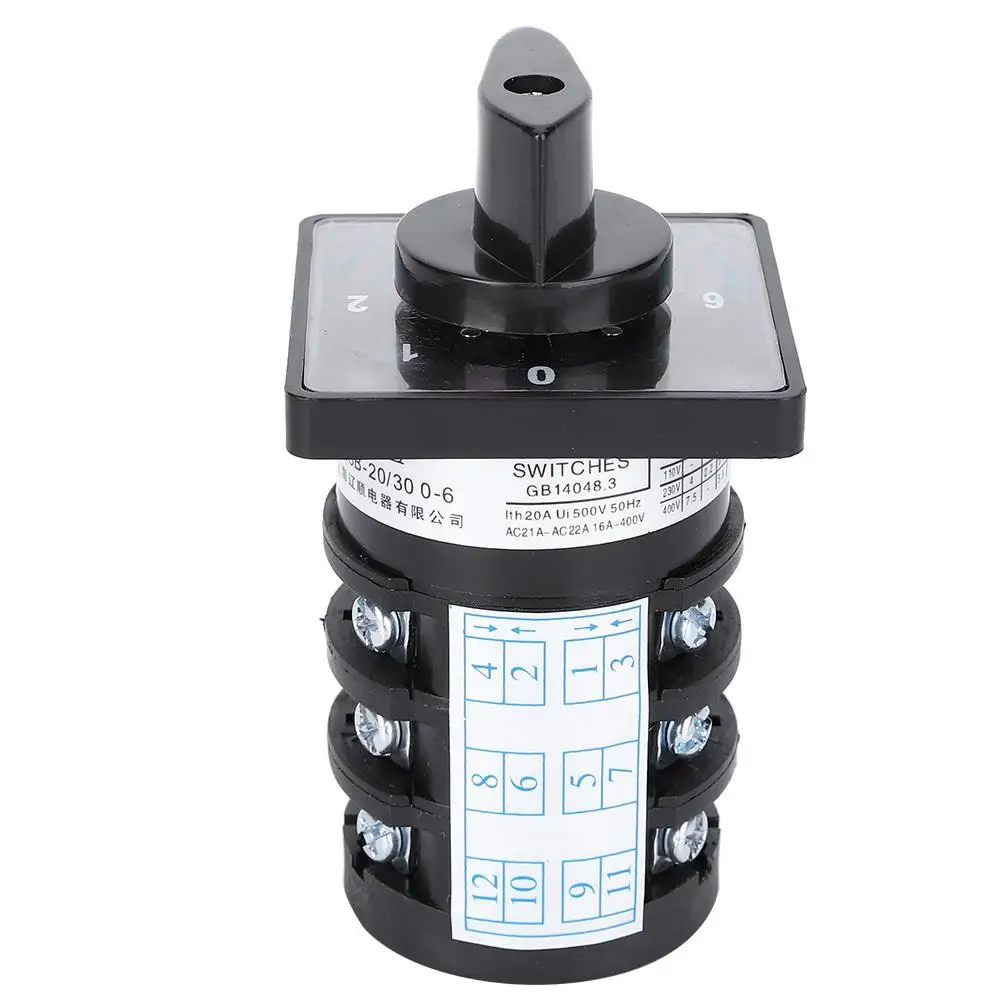 500V 20A 7-Position Locking Cam Changeover Control Switch with 12 Terminals, 0-1-2-3-4-5-6 Settings