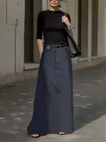 2025 New Fashion Imitation Denim H-Line High Waist Skirts Spring Summer Loose Solid Color Pockets Maxi Skirt For Women - Image 2