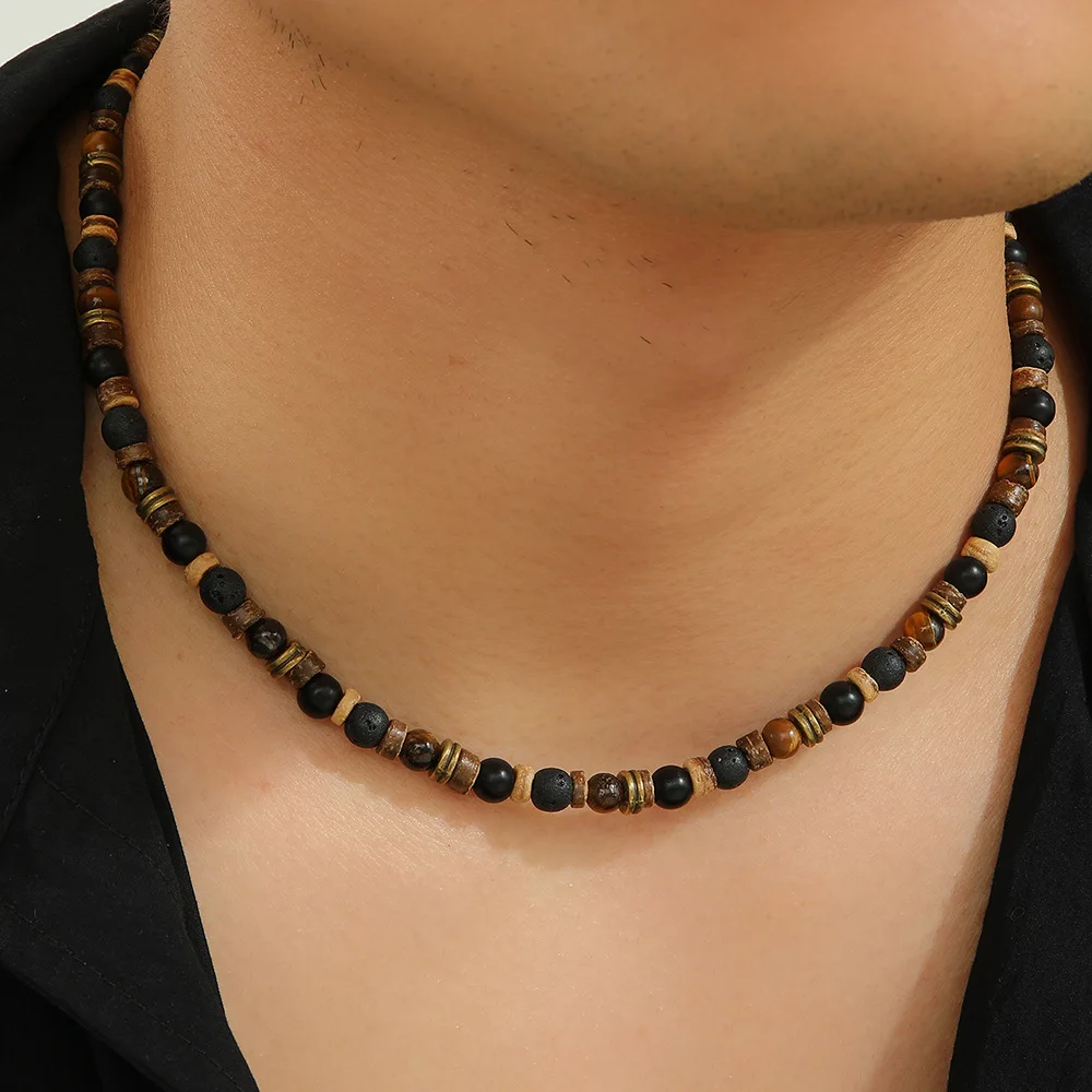 Hip-Hop-Tiger-Augen-Stein-Kokosnuss-Holzperlen-Choker Retro-Herrenkettenhalskette Modischer Damenschmuck Trendige Accessoires – Detail 1