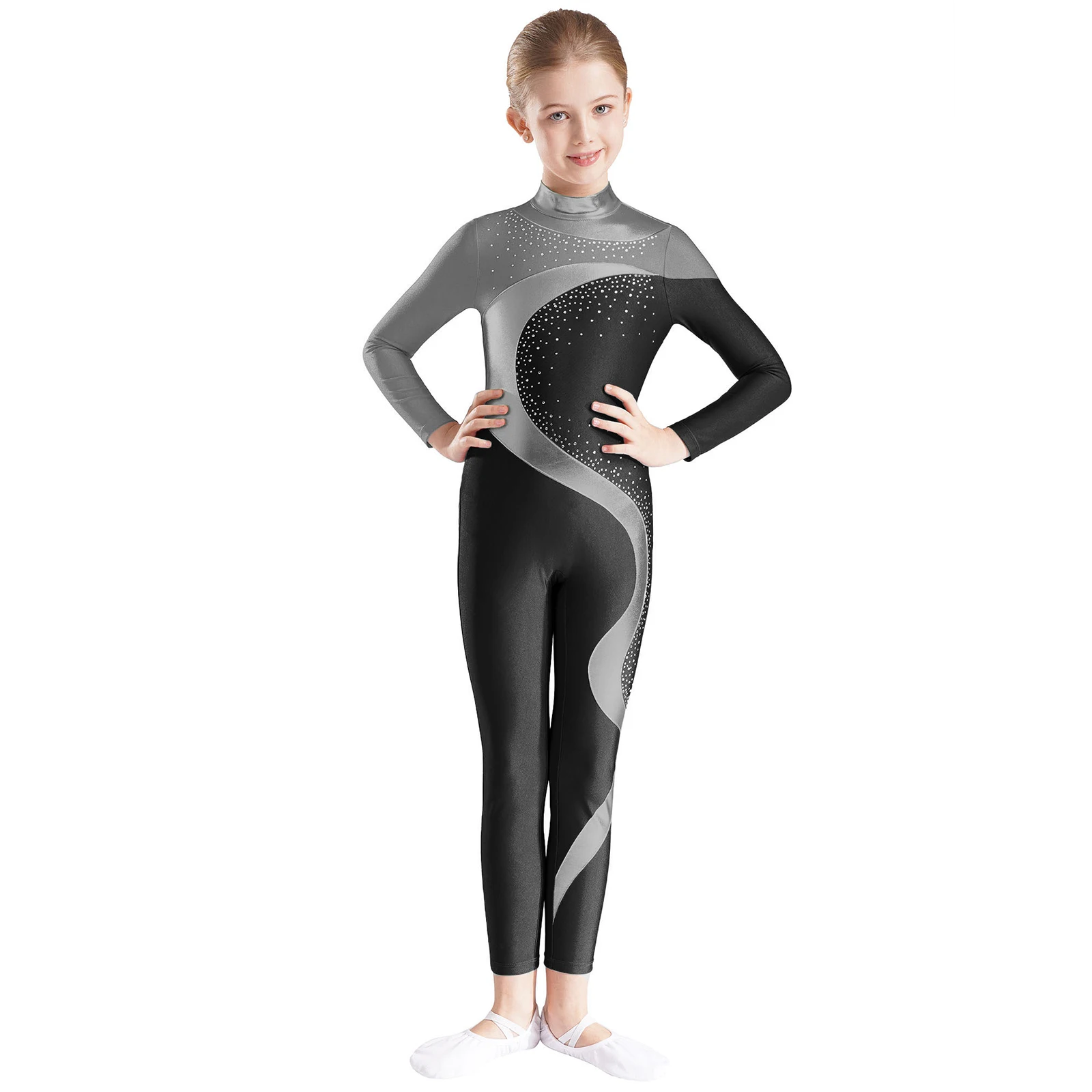 

Kids Girls Gymnastics Leotard Jumpsuit Long Sleeve Metallic Contrast Color Bodysuit for Figure Skating Dance Performance Costume