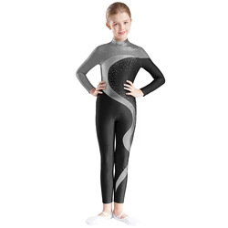 Kids Girls Gymnastics Leotard Jumpsuit Long Sleeve Metallic Contrast Color Bodysuit for Figure Skating Dance Performance Costume