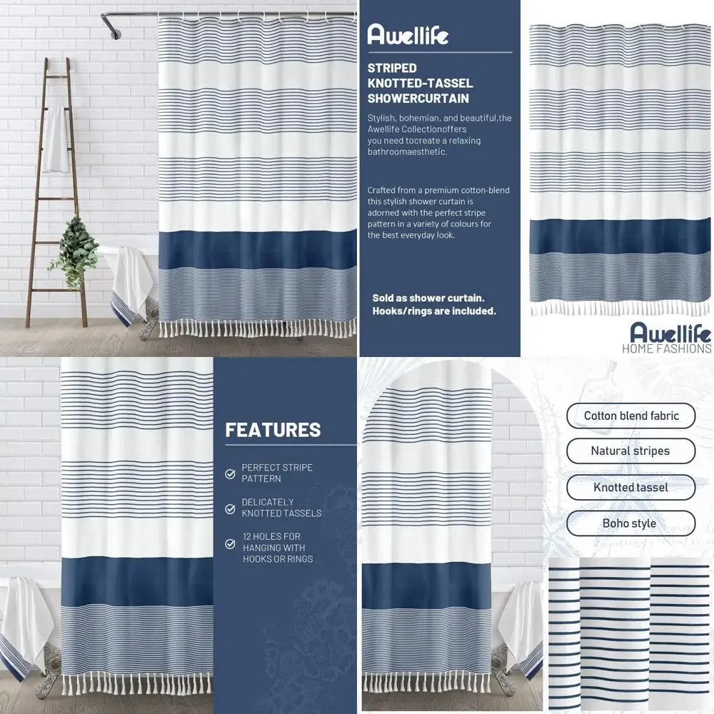 

Темно-синяя занавеска для душа для ванной комнаты, полосатая занавеска для душа с кисточками, 72 x 72 дюйма, хлопок для фермерского дома