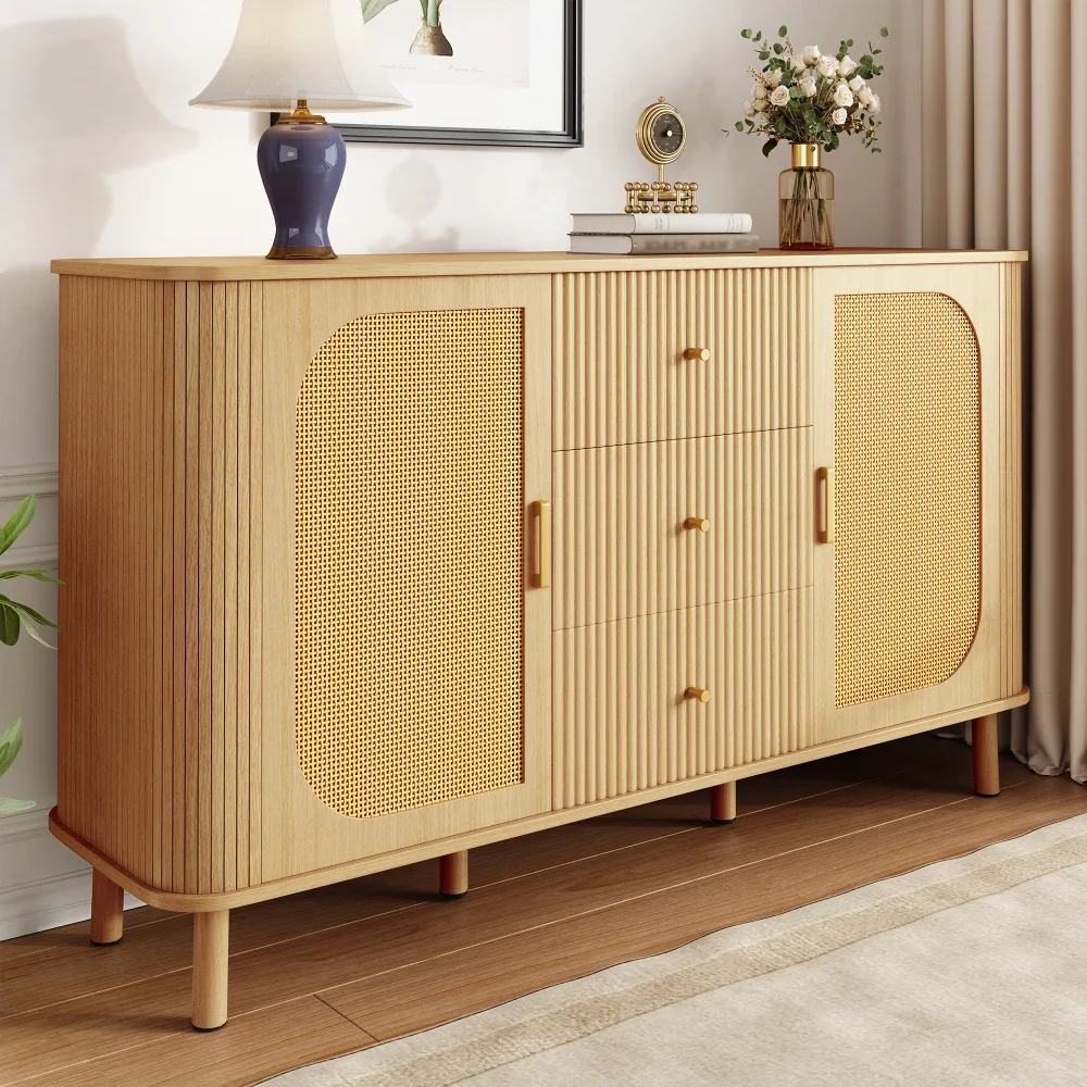 Modernes Sideboard mit vielseitigen Holzoptik-Schubladen, Regalen, Metallbeinen für die Aufbewahrung im Wohnzimmer – Detail 6