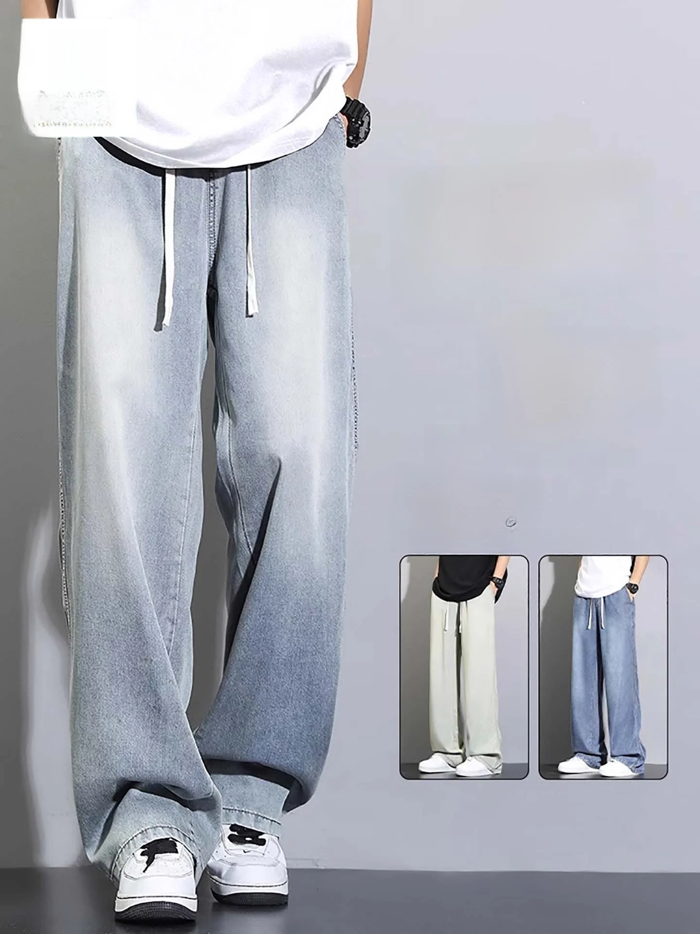 

Nanilu Men's Summer Thin Ice Silk Denim Pants Drapey Loose Wide Leg Casual Jeans Retro Wash mid Waist Straight Cut