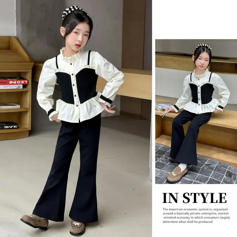 حار Kawaii فتاة بلوزات على الموضة فستان أطفال مع سروال داخلي طالب ربيع الخريف عادية الكرتون قميص جرس قيعان 2 قطعة مجموعة ملابس الأطفال