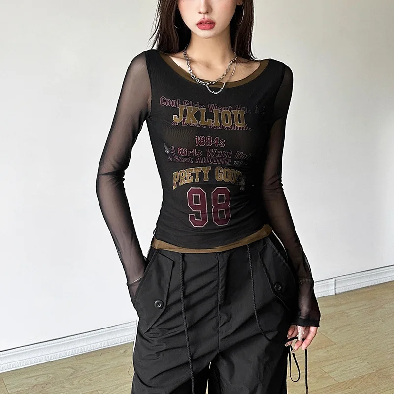 

2024 Autumn New Sle Women's T-irt Retro Print Long Sve Transparent Sve Personali Cross-Border Sle Knitted Top