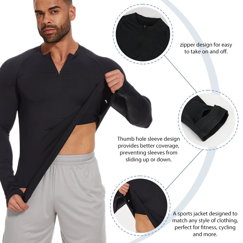 Mens Sport Shirt Sweat Absorption Quick Dry Long Sleeve Compression Round Collar Running Gym Fitness Zip Pullover Training Tee