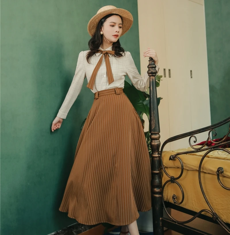 England Style Retro Suit Women Spring Autumn Outfits Plaid Shirt+Vertical Stripes Vest Skirt 3 piece Set Vintage Fashion Female