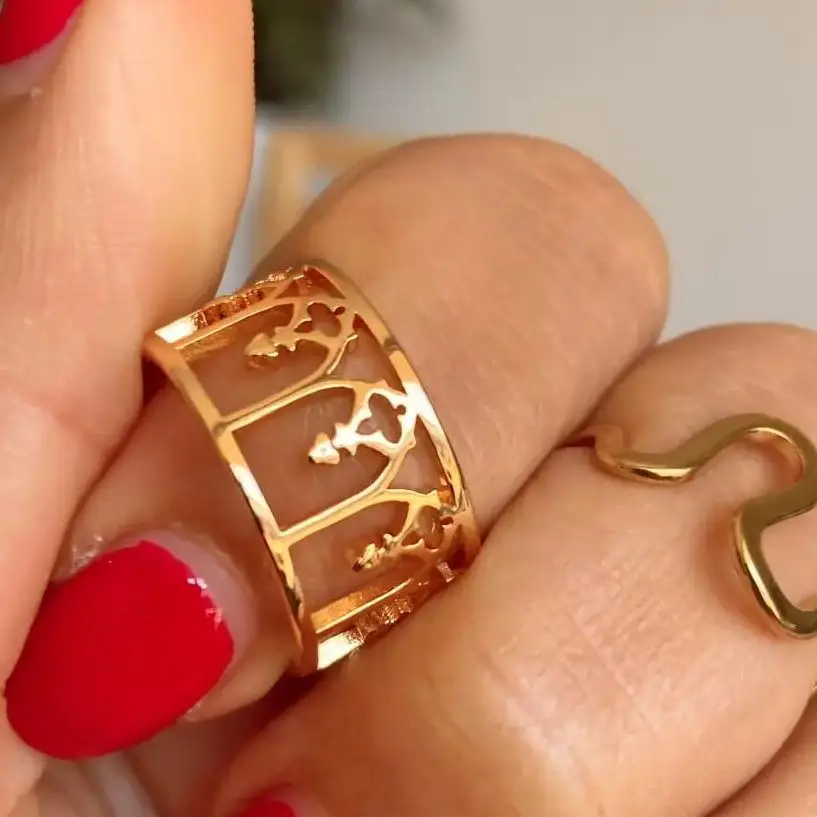 Retro Hollow Rings For Women Stainless Steel Gold Color Geometric Wide Finger Ring Wedding Jewelry Christmas Gift Free Shipping