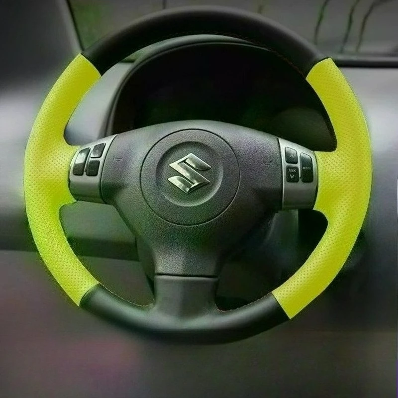 For Suzuki SX4 Alto Old Swift Opel Agila Hand Stitchedred Genuine Leather non-slip black yellow Car Steering Wheel Cover