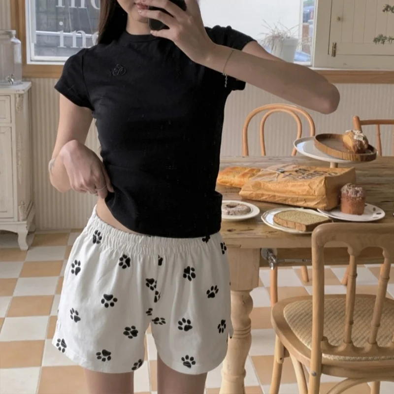 White Sports Shorts for Women Summer Thin Elastic Waist Small Size Casual Beach Pants Wide Leg Hot Pants Dog Footprint Pattern