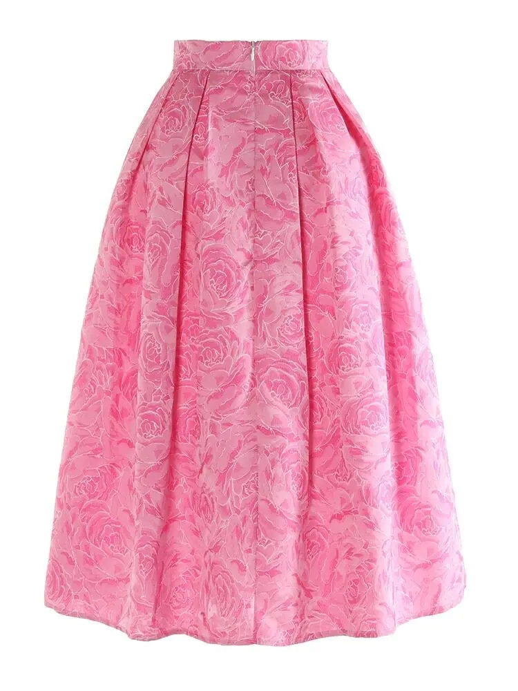 High Quality Romantic Pink Rose Jacquard Women Puff Skirt Elegant High Waist All-match Spring Summer Mid-long A-line Skirts