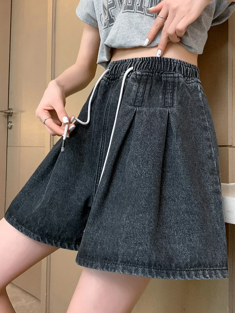 

M-6XL Plus Size Denim Shorts Women 2024 New Summer Korean Fashion Loose Black High Waist Short Pants Jeans Female P436