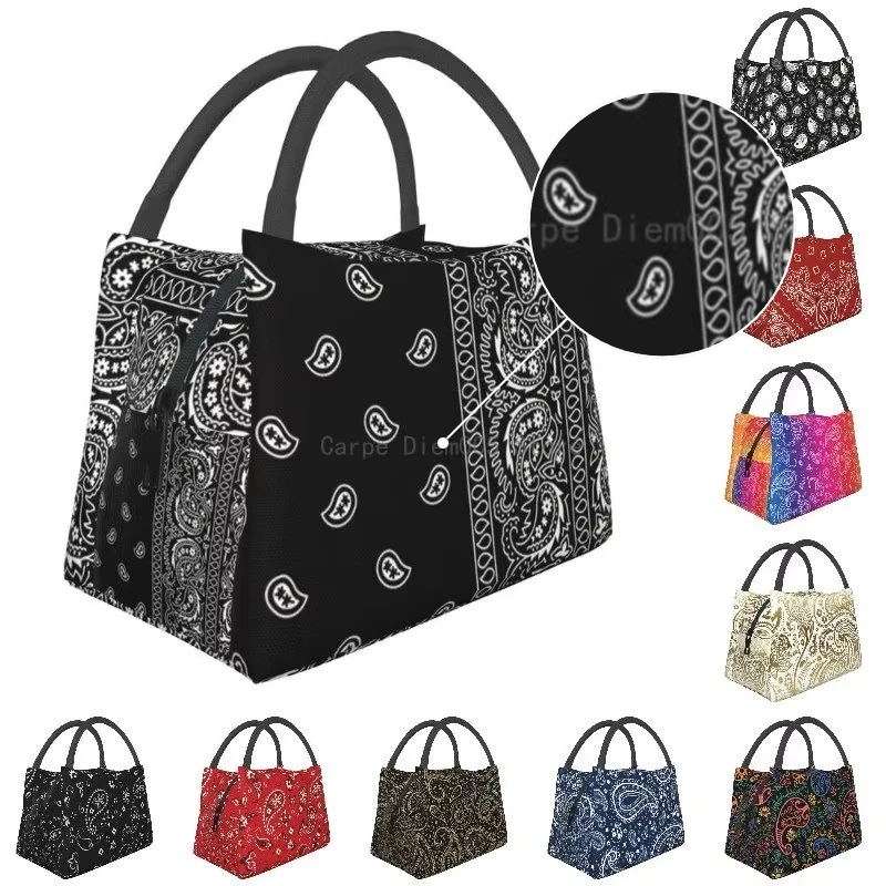 Black And White Paisley Chicano Bandana Style Thermal Insulated Lunch Bags Women Black And White Portable Lunch Meal Food Box