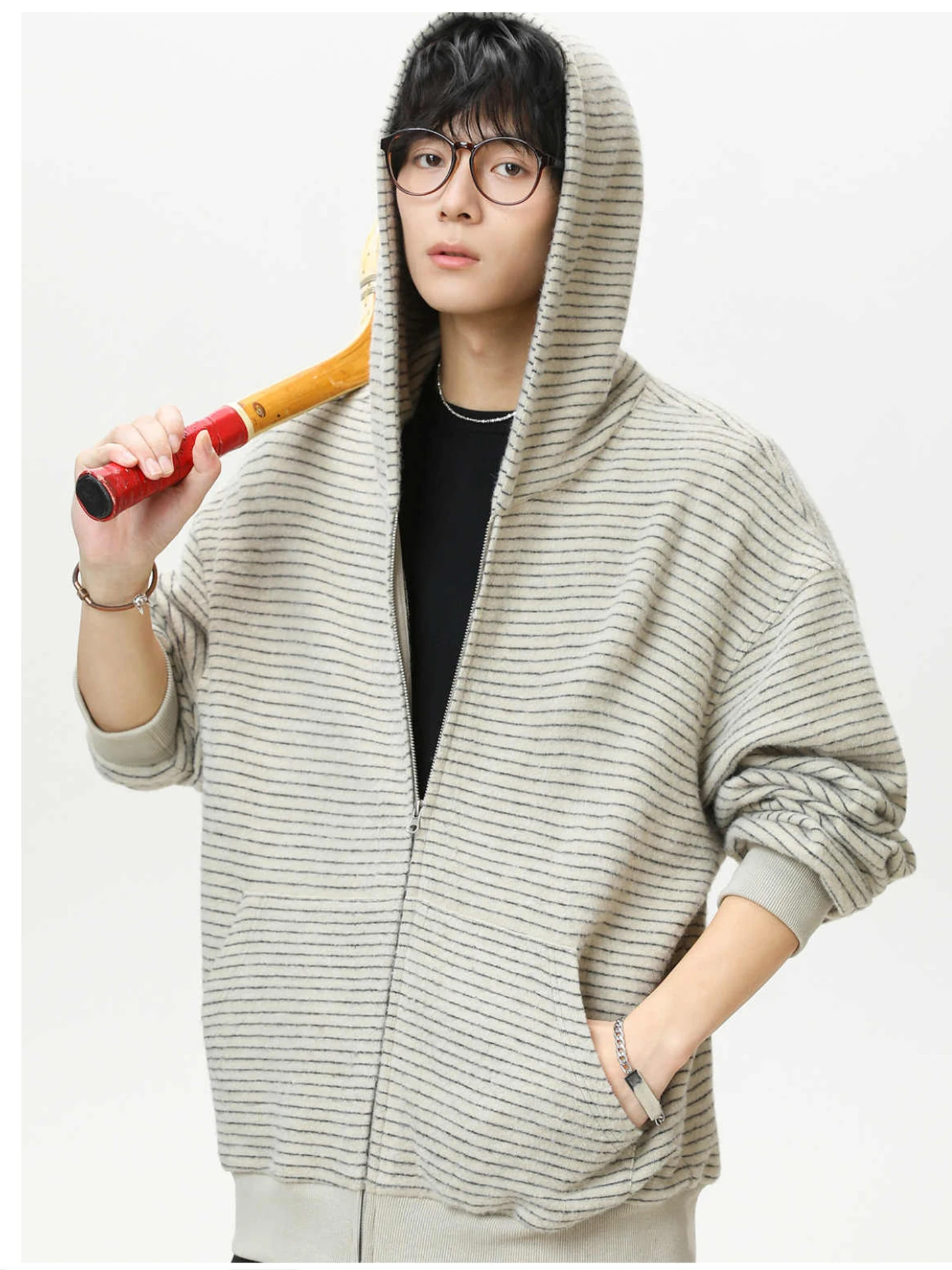 

Открытый кардиган в полоску в американском стиле ретро, толстовка с капюшоном, мужская свободная ленивая пара, свободная куртка на молнии Haome, повседневная одежда