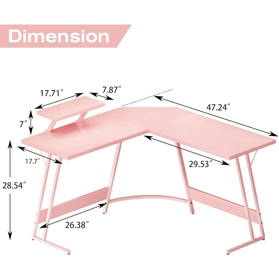 Pink L Shaped Gaming Desk with Large Monitor Stand for Home Office Study and Writing Workstation Spacious Corner Computer Table