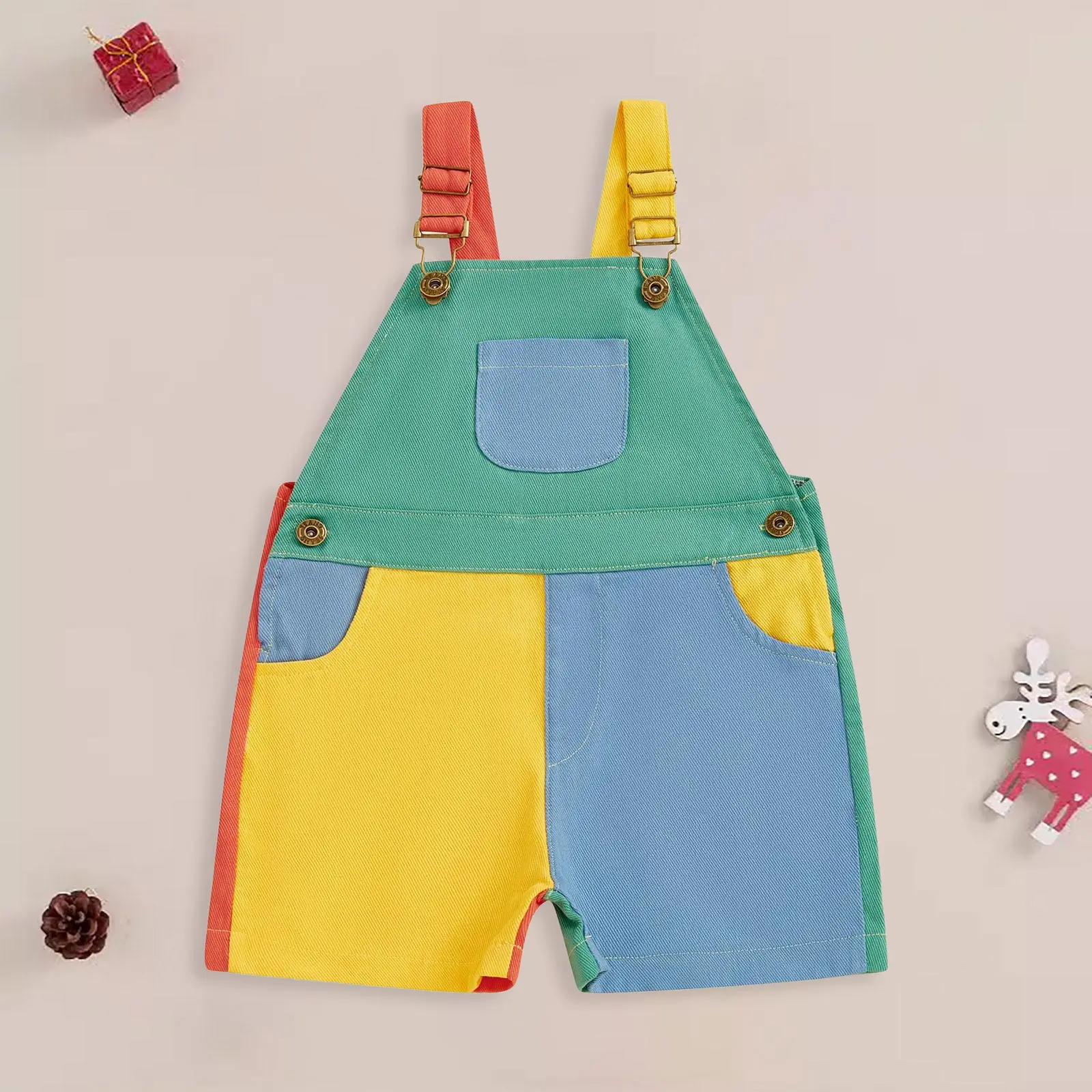 

Toddler New Jumpsuit 2025 Boy And Girls Colorful Overalls Patchwork Suspender Shorts Adjustable Straps Romper For Kids Apparel