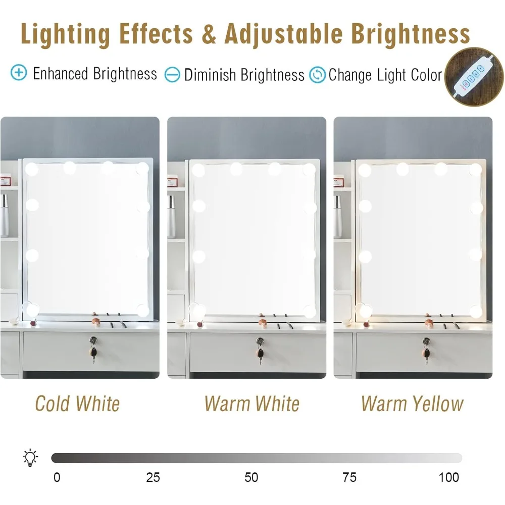 Makeup Vanity with LED Mirror & Power Outlet, White Makeup Vanity Set, Clearance Makeup Vanity with 3 Lighting Colors, Brightnes