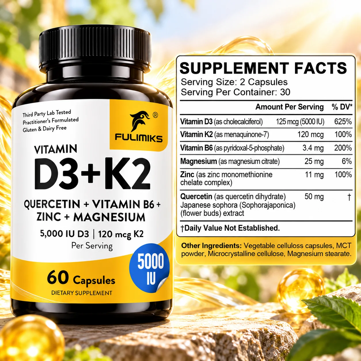 Vitamin D3 K2 Supplement, with Quercetin, Vitamin B6, Zinc & Magnesium, Support Bone & Teeth Health, Maintain Immune Defense, Promote Cardiovascular Wellness, Vascular Comfort