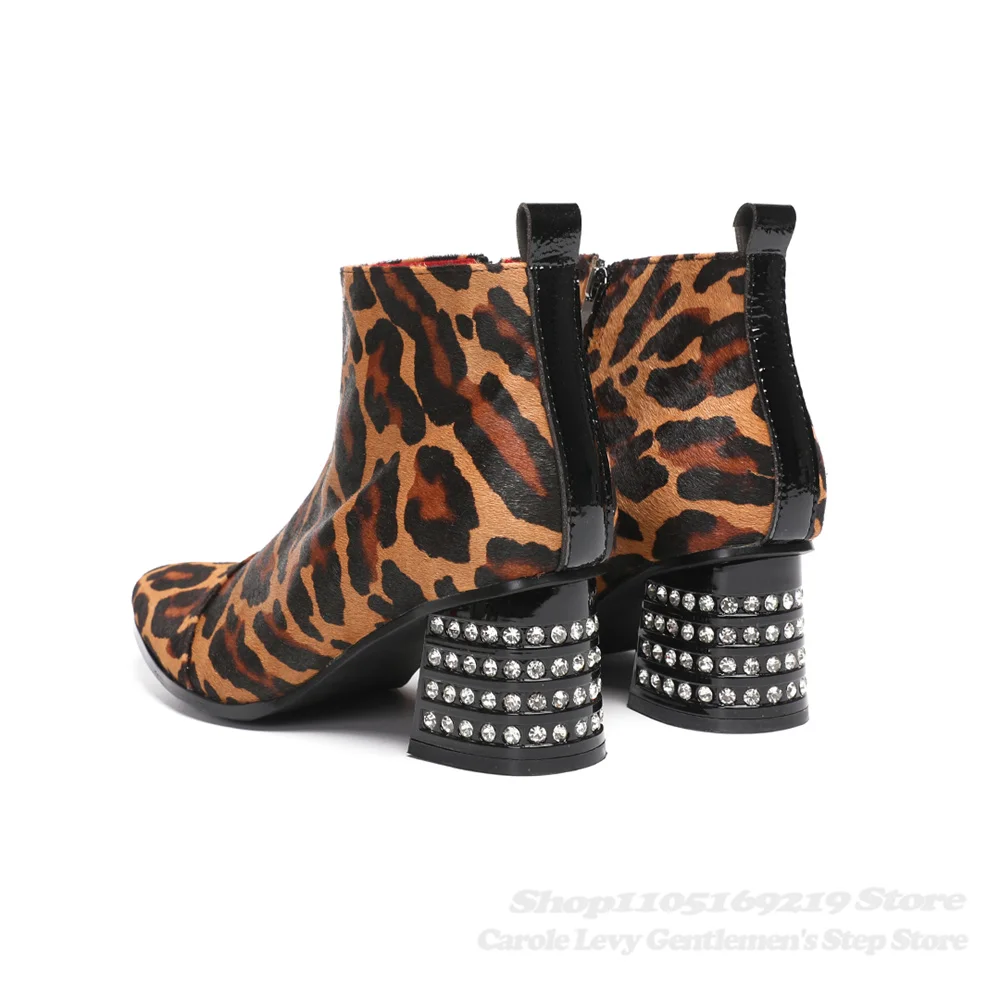 Leopard Print New Metal Square Toe Chunky Heel Ankle Boot Men Rivets Thick Heel Side Zipper Handmade Punk Party Dress Short Boot
