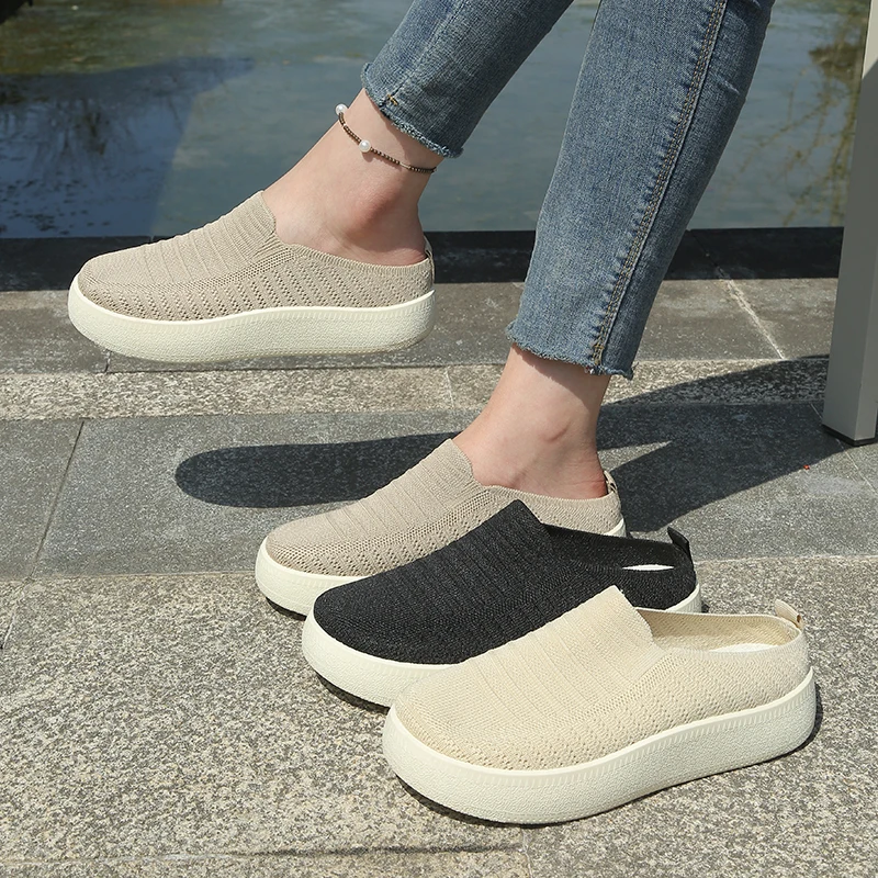 Nuevas zapatillas para mujer, zapatos de casa con suela gruesa para exteriores, calzado sin cordones transpirable tejido, envío gratis
