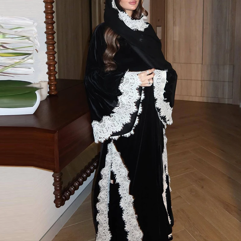 סט 3 חלקים של חלוק ארוך עם צווארון וי אלגנטי, סט נשים לאירועים רשמיים אופנתי, תחרה, טלאים, צבע אחיד, מוסלמי.