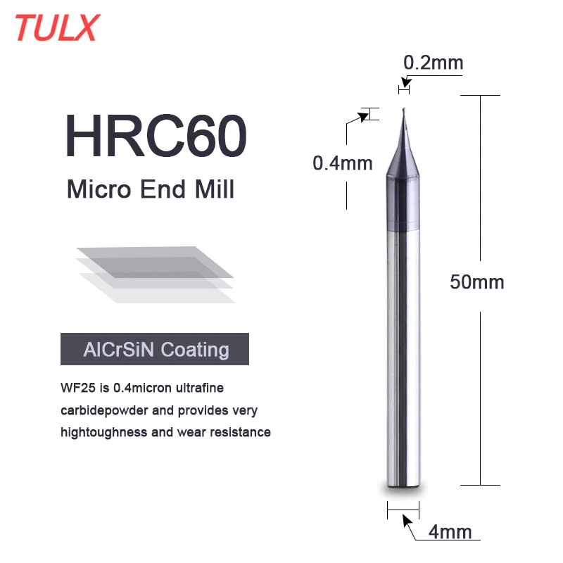 

TULX 0.2-0.9mm Micro 2 Flutes Flat End Mill CNC Router Bit 4mm Shank Tungsten Carbide End Mill Mini Milling Cutter