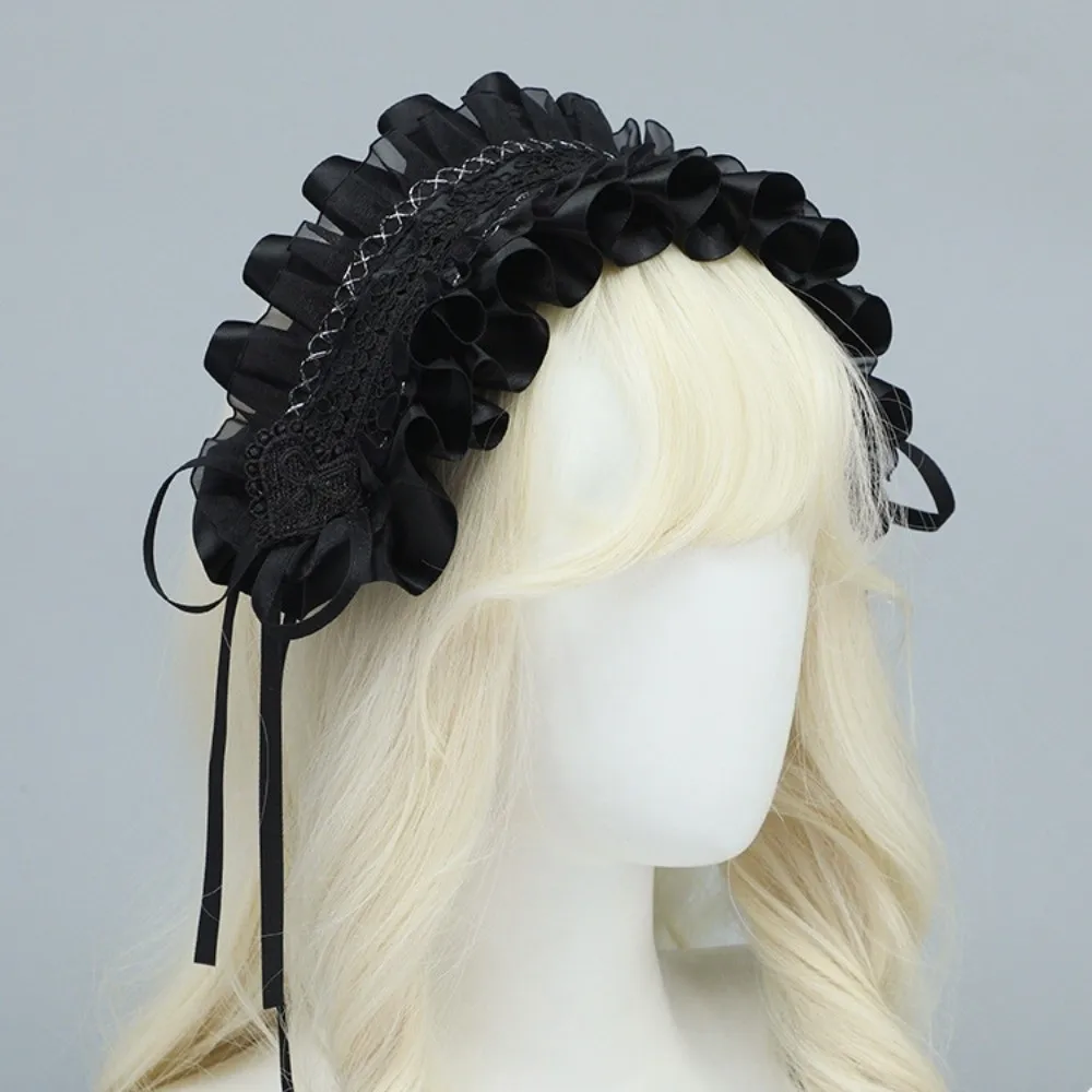 

Sweet Gothic Lolita Headband Lace Ruffled Ribbon Cosplay Headdress Love Heart with Hairpins Headwear Hair Accessories