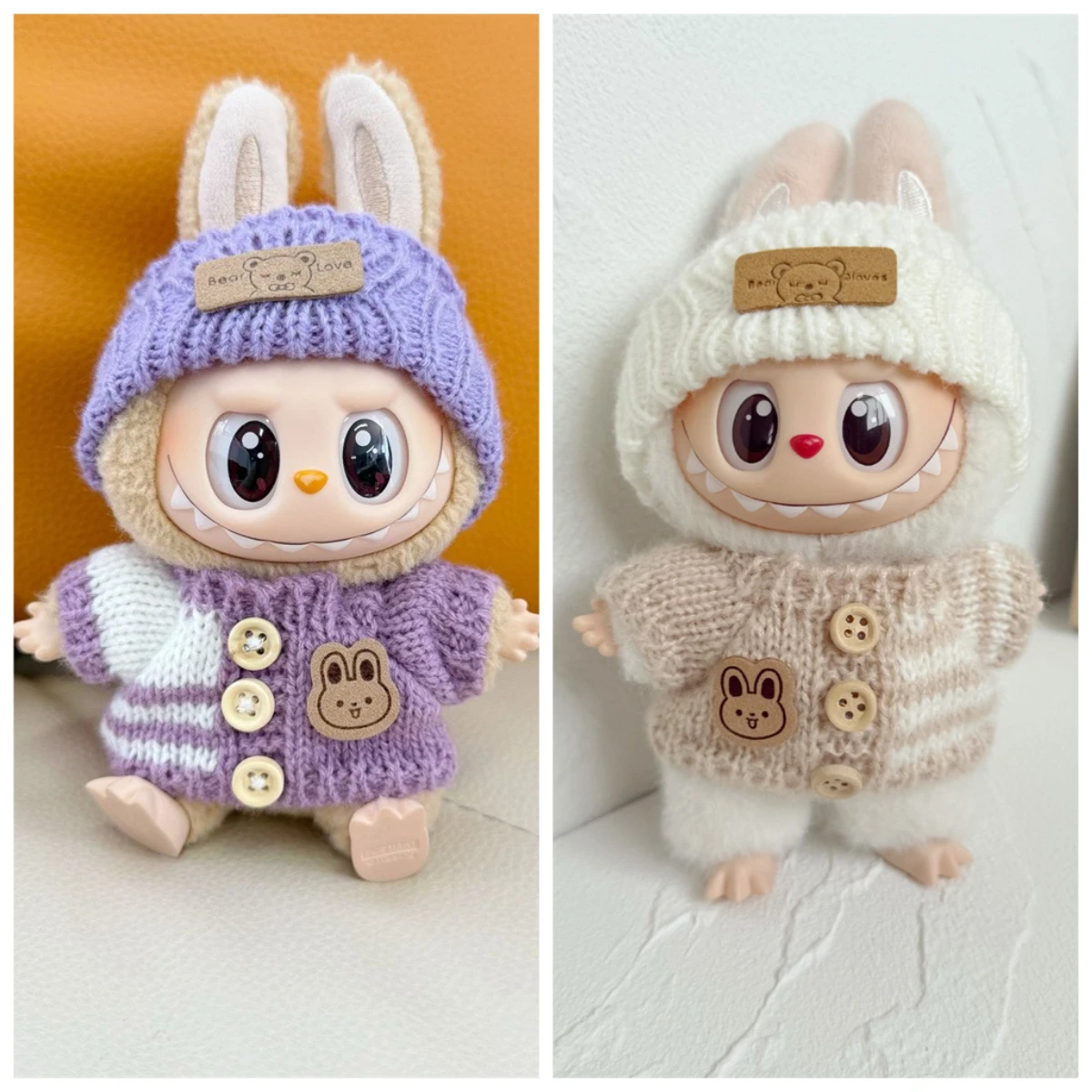 

Cute Doll Clothes Accessories 17cm Purple Bear Labels Hat & Striped Buttons Sweaters Clothing Kids Gift for Labubu