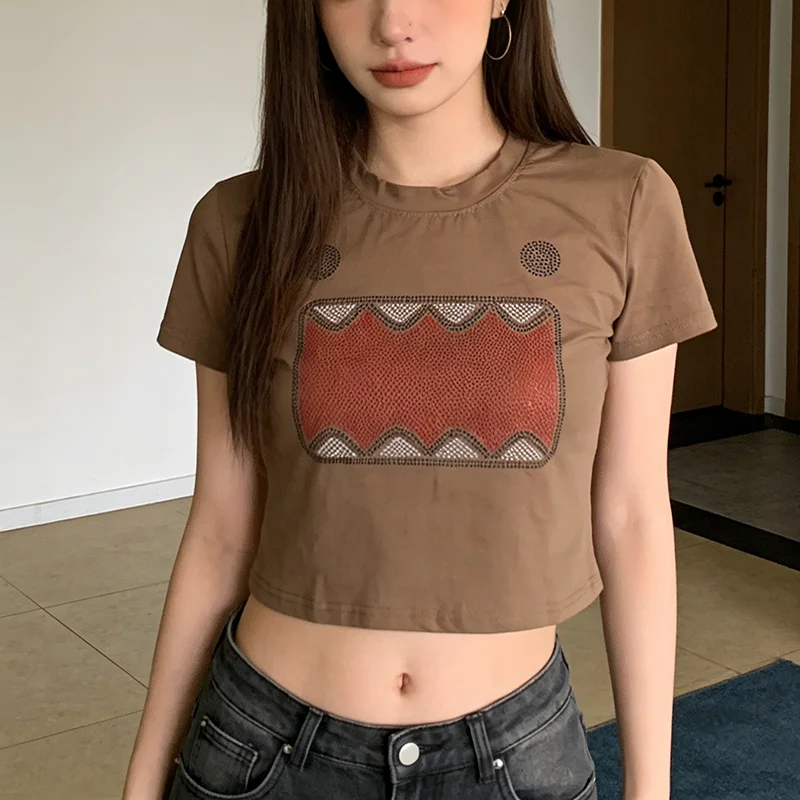 Frühlings-Neuheit: Einfarbiges Cartoon-T-Shirt mit Heißprägung, Rundhalsausschnitt, Trendy Kurzstil mit Freiliegendem Bauchnabel und Taillenschnürung
