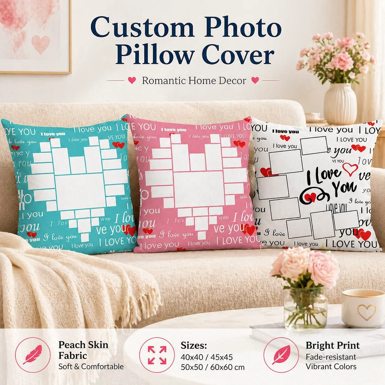 

Custom Photo Pillow Cover Personalized Heart Collage Cushion Case Peach Skin 2D Flat Print for Valentine Gift Sofa Home Decor