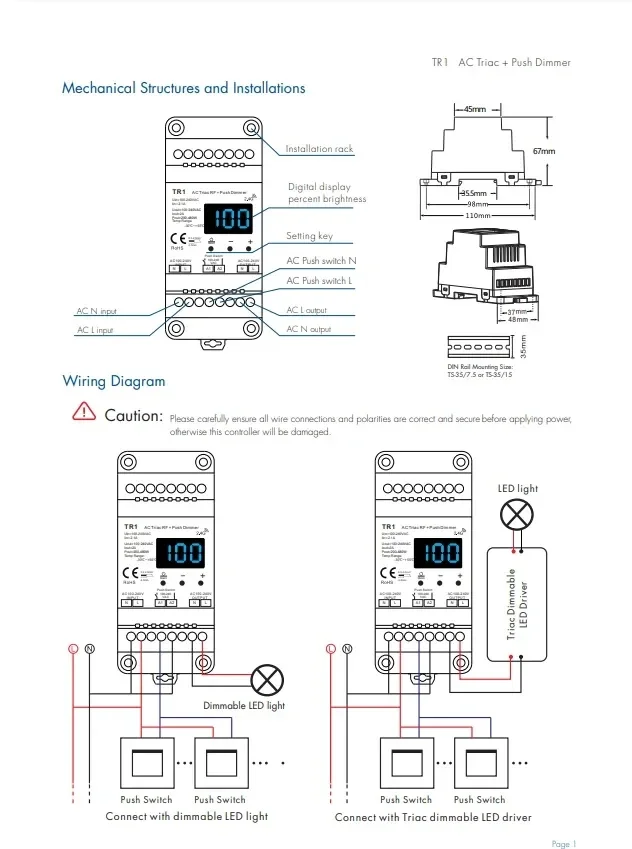 TR1 LED Triac RF Push Dimmer AC220V Input High Voltage AC100-240V Output 1CH To Dim Trailing Edge Dimming Din Rail Triac Dimmer