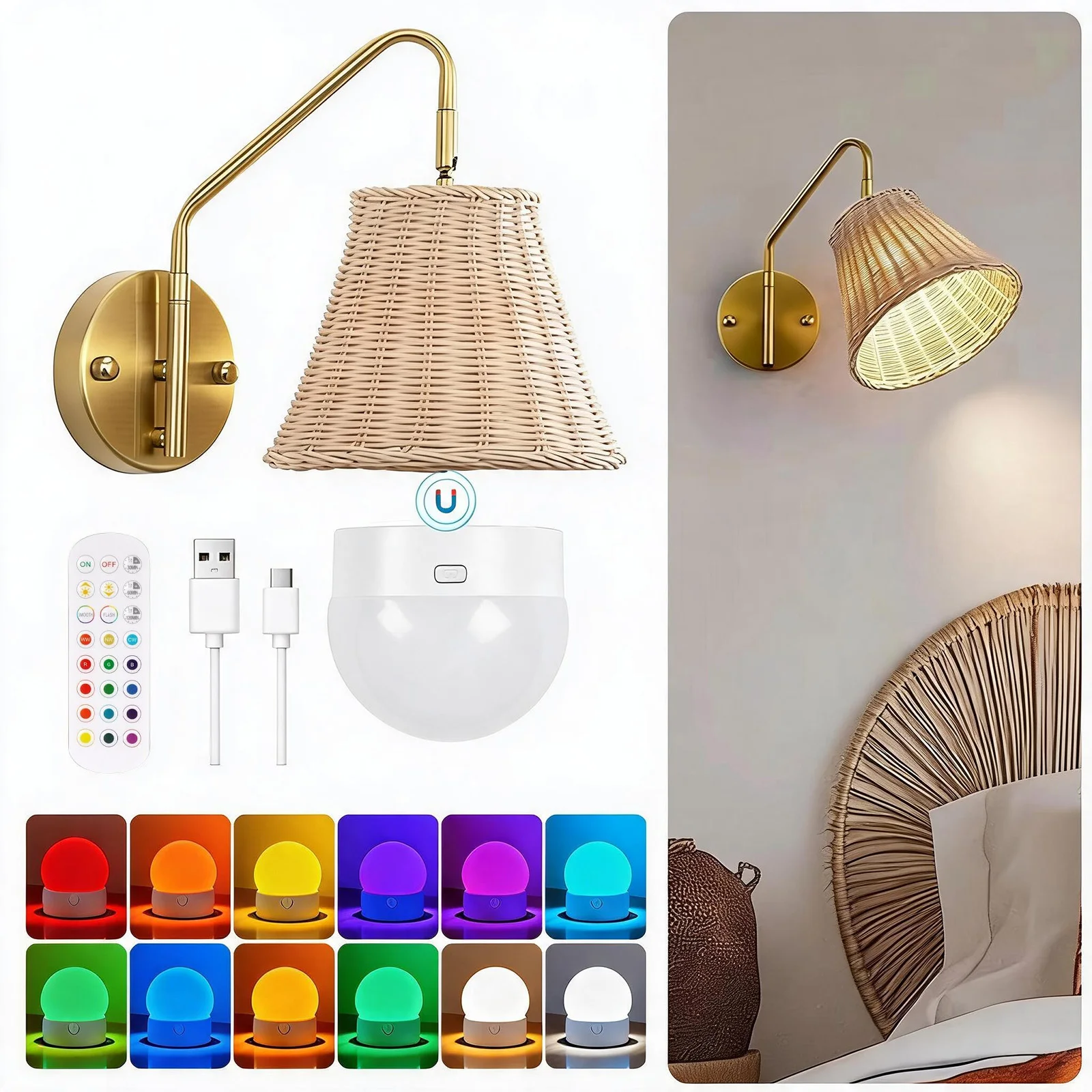 2PCS Magnetic Rechargeable LED Bulb USB Cordless Portable Dimmable Remote Control E26 Detachable 3 Color Temperatures 3000K-6000K 12 RGB Colors Timer Flashing Mood Light Table Lamp Wall Sconce Bedroom Living Room Party Study Office Dorm Home Decoration