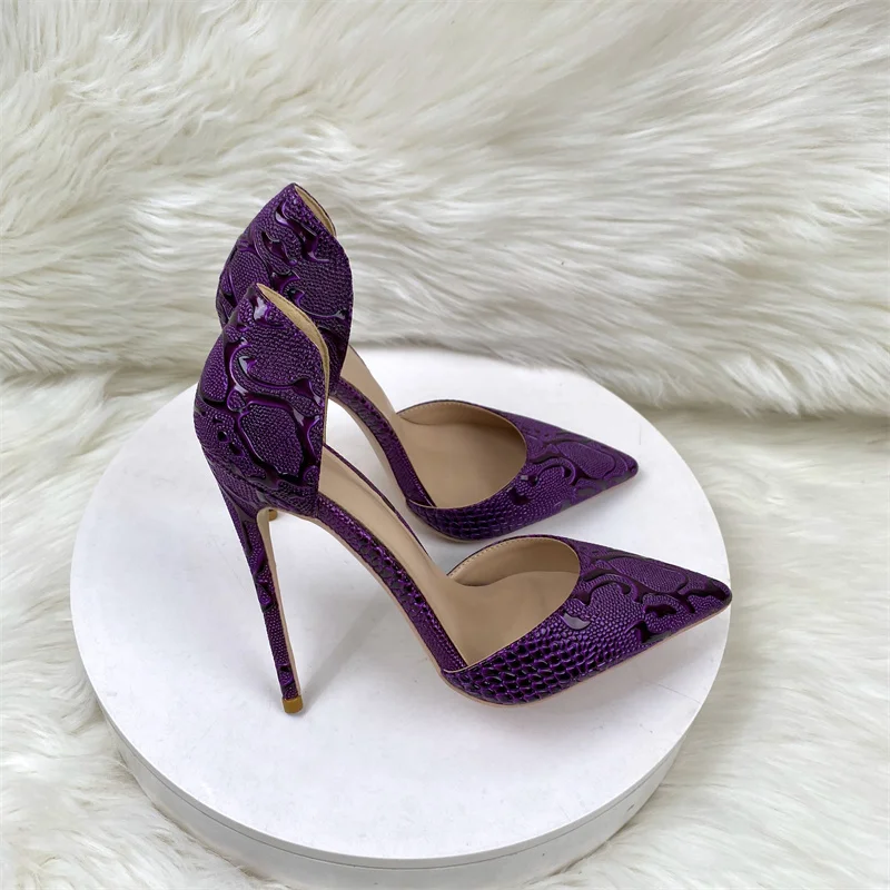 Purple Embossed Crocodile Effect Women Pointy Toe Slip On Hollow  High Heel Shoes for Party Sexy Ladies Dress Stiletto Pumps