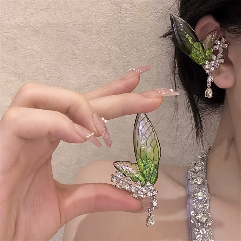 1 pair New Chinese style wing studded diamond flower earrings, super fairy forest retro ear bone clip earrings without ear holes