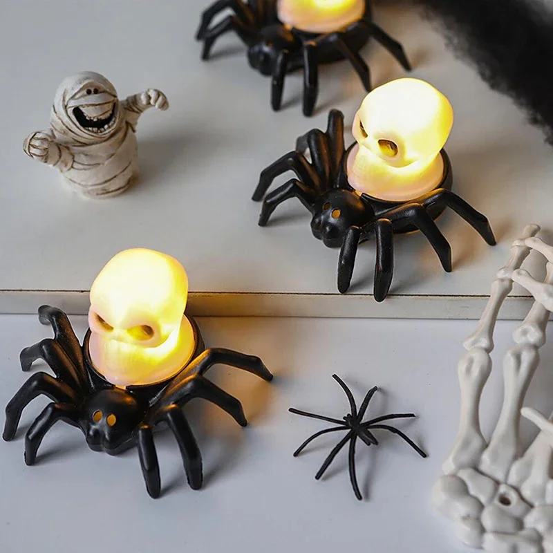 Halloween Spider Candle Holder LED, Glowing Orange Flameless Flame Effect, for Party Table Desk Shelf Home Horror Night Decor