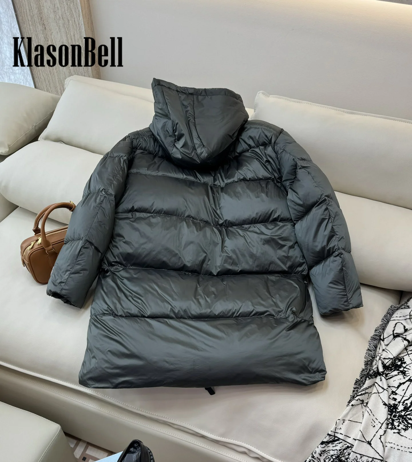 8.28 KlasonBell-Women Classic Hooded Lace-up Down Jacket Mid-Length Solid Whiter Goose Down Keep Warm Down Zipper Outerwear