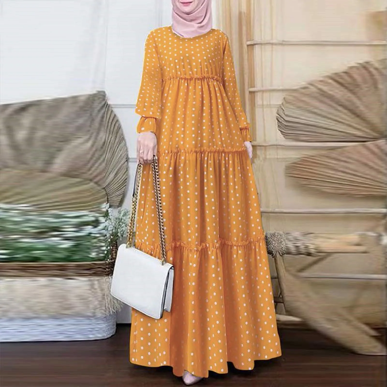 Muslim Clothes For Women 2024 New Design Bohemian Polka Dot Print Muslim Dress Long Sleeves Islamic Prayer Traditional Clothes