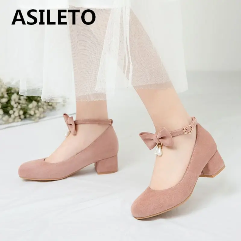 

ASILETO Brand Flock Suede Female Pumps Round Toe Chunky Heels 4cm Buckle Strap Bowknot Large Size 46 47 48 Sweet Dating Shoes